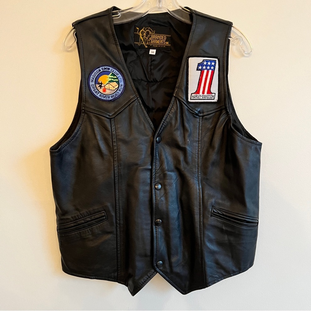 Vintage 90’s Harley Davidson Leather Biker Vest with Patches, Mens Size 38 Small